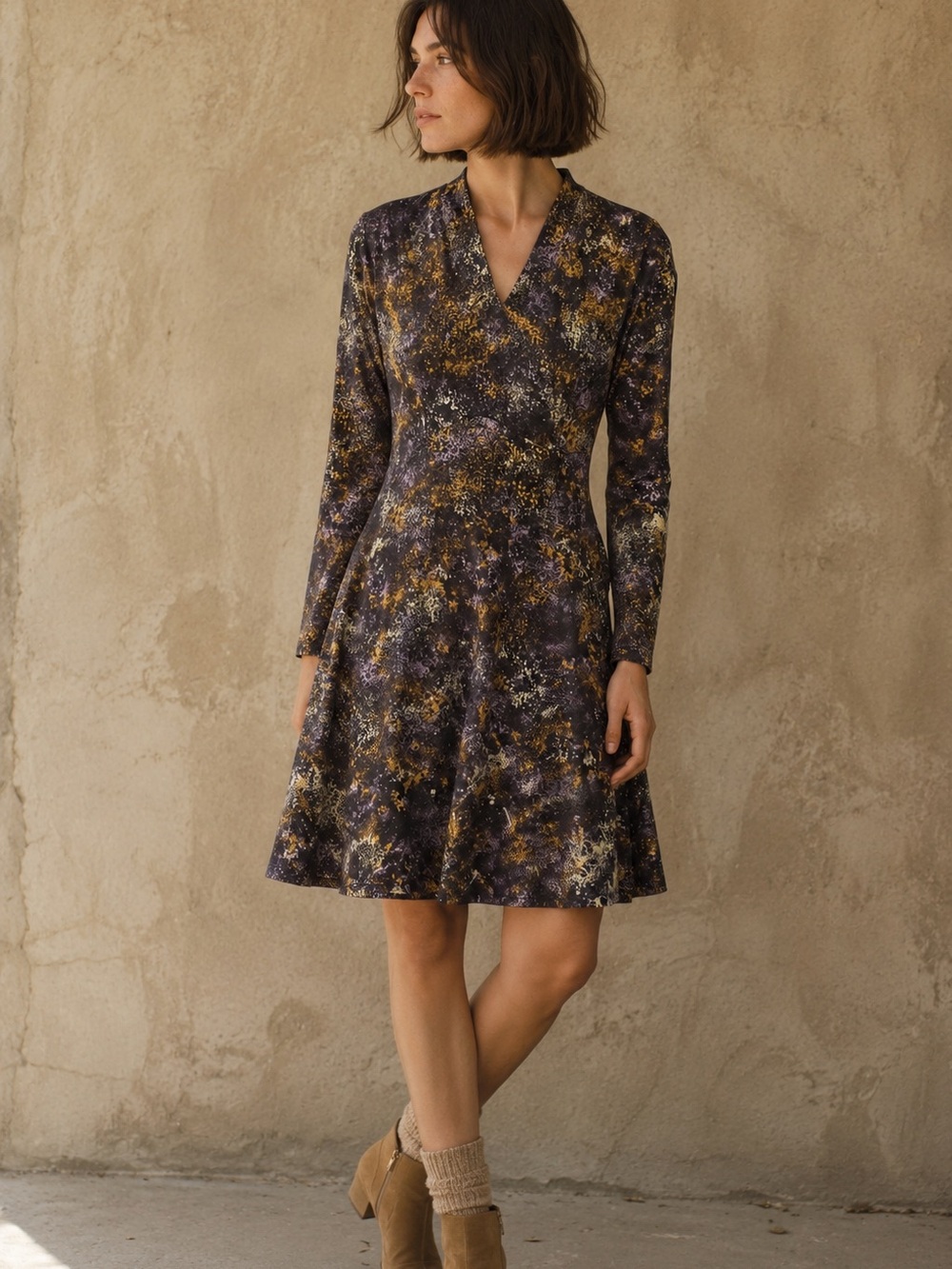 NWT | SKFK | Abstract Print Long Sleeve V-Neck Midi Dress | Size 6